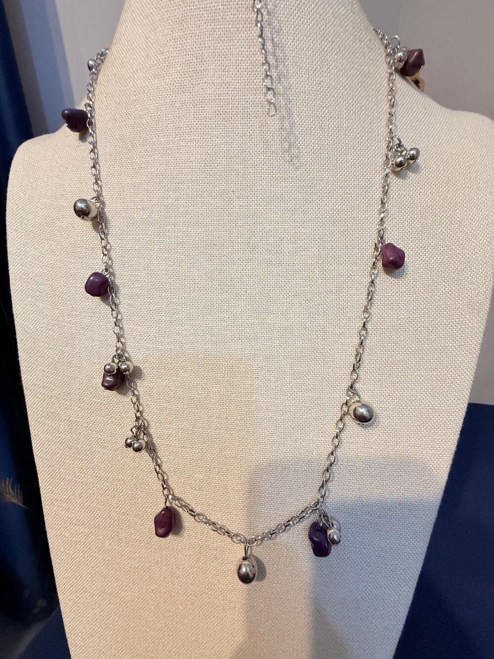 Vintage 38” + 2” Purple Stone Silver Tone Charm Necklace